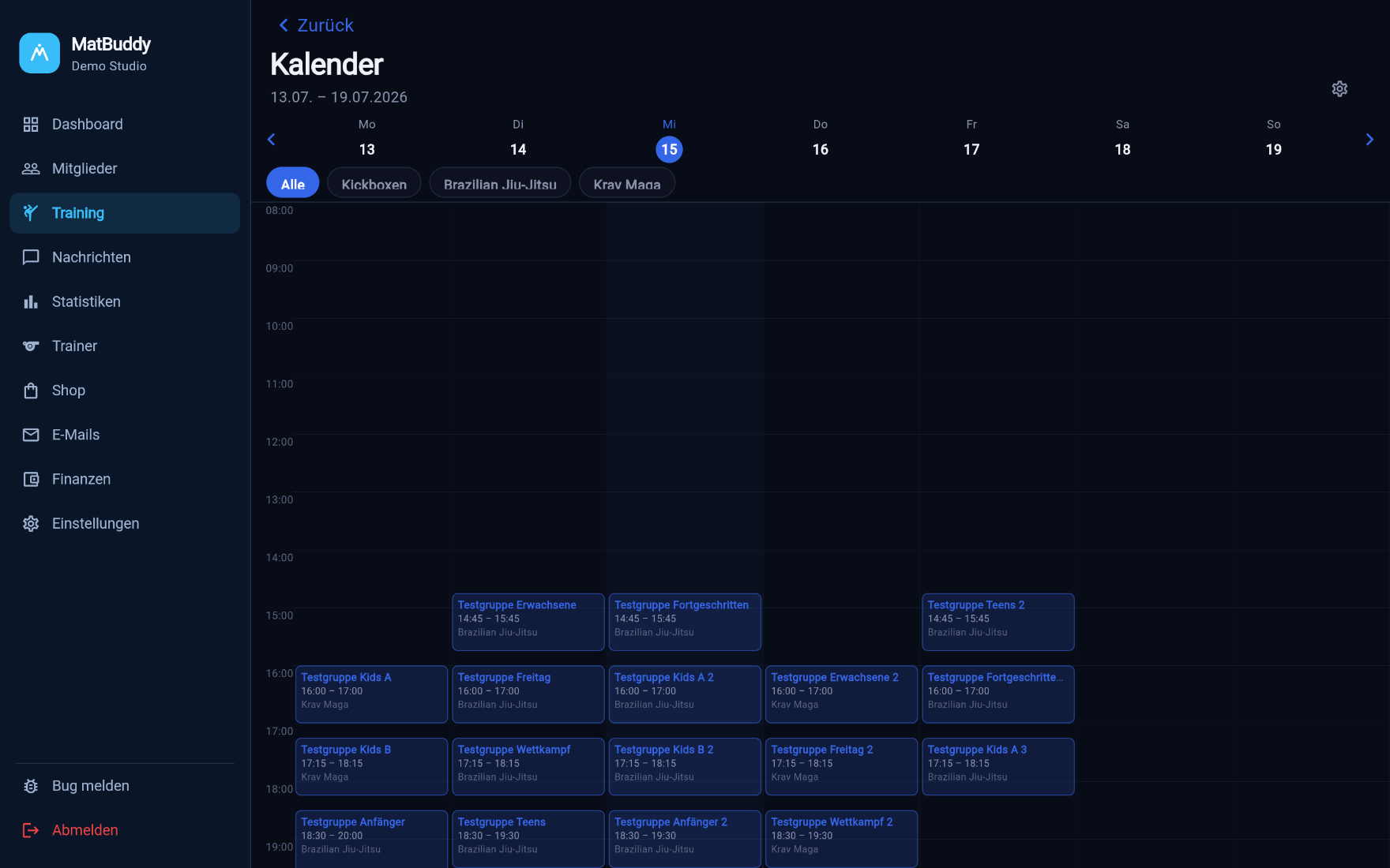 MatBuddy Wochenkalender: alle Kurse der Woche nach Sportart (BJJ, Krav Maga, Kickboxen) im Überblick